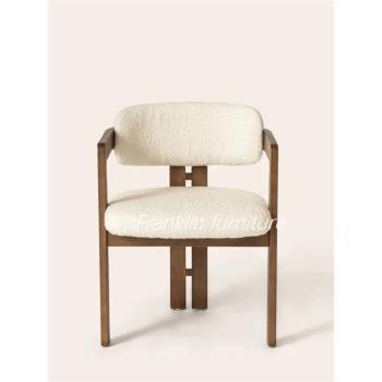 設計師復古實木餐椅家用中古簡約現代創意奶油風北歐羊羔絨椅子