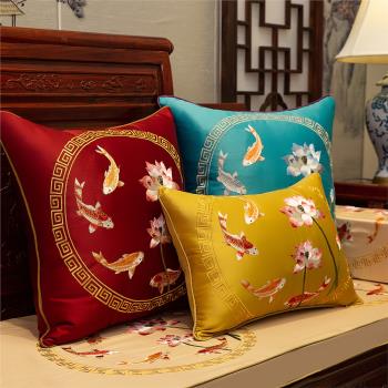 中式刺繡荷花錦鯉抱枕靠枕紅木家具沙發坐墊繡花中國風客廳軟包