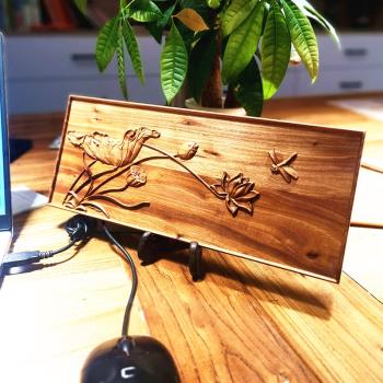 中式木雕桌面擺件畫 禪意壁掛裝飾木板畫 家具柜門木貼花洋花荷花