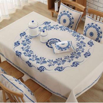 中國風棉麻青花瓷紅木家具桌布
