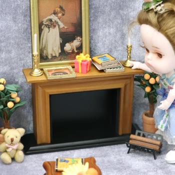 ob11娃娃屋微縮模型迷你家具客廳微場景模型美式復古壁爐柴堆食玩