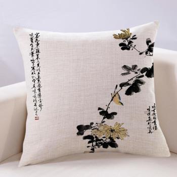 新中式中國風水墨畫抱枕菊花復古紅木家具客廳沙發靠墊棉麻大靠背