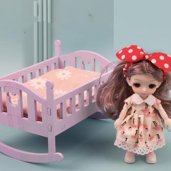 外貿木制嬰兒搖籃床兒木質娃娃床公主床角色扮演童過家家玩具套裝