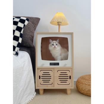 創意實木人貓共用床頭柜貓窩床防潮防霉簡約四季通用寵物窩貓家具