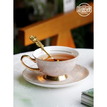 英式骨瓷咖啡杯碟輕奢精緻花茶杯套裝大理石紋蠟燭加熱下午茶杯子