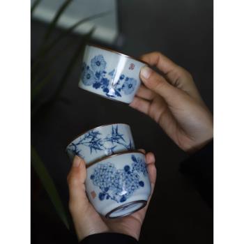 景德鎮人文茶器手工手繪青花主人杯陶瓷復古單杯品茗杯個人茶杯盞