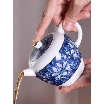 青花泡茶壺單個中式陶瓷茶具套裝家用功夫女士小瓷壺辦公室短嘴壺