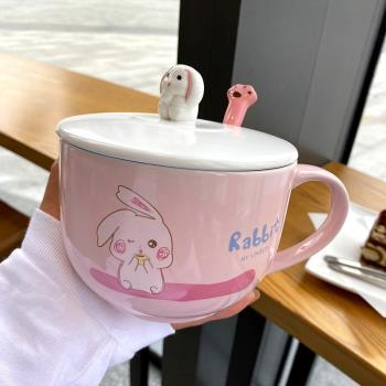 韓式大容量馬克杯帶蓋勺可愛女生辦公室陶瓷杯牛奶燕麥片早餐水杯