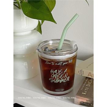 YOUNGFIRE 原創green summer 綠字印花咖啡隨行杯玻璃吸管牛奶杯
