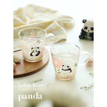 藍蓮花家居熊貓花花馬克杯家用杯子喝水玻璃帶把手可愛網紅早餐杯