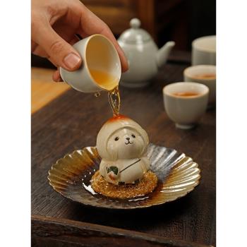 可愛小熊貓紫砂茶寵桃敦敦精品壽桃蓋置陶瓷茶桌擺件手工可養茶玩