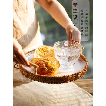 和風四季日式藤編託盤手工雙耳早餐盤茶盤圓形收納盤酒具盤水果盤