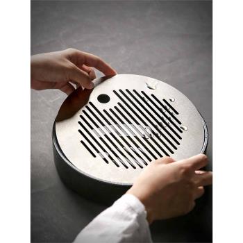 九土日式陶瓷茶盤圓形儲水式托盤簡約不銹鋼拉絲排水功夫茶具家用