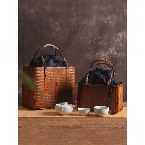 手工日式竹編包手提包女竹包茶道手拎包茶人禪意便攜茶具收納包|茶具 