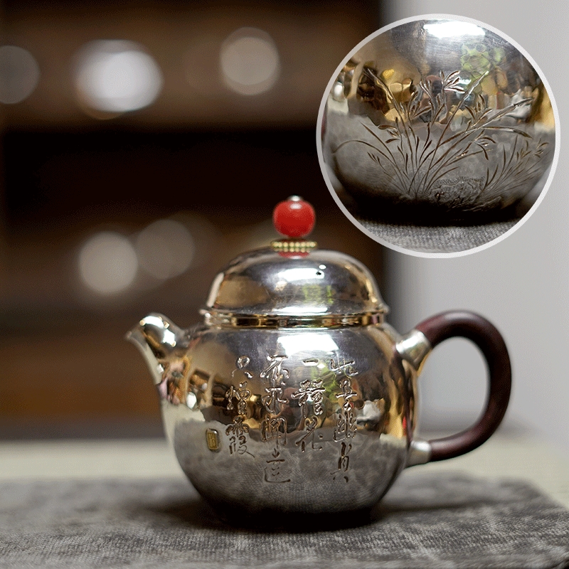 戀物志銀壺純銀999泡茶壺純手工一張打非遺老師張家松鏨刻壺多福|茶壺