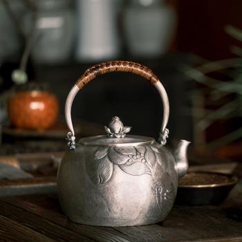 純銀999銀壺燒水壺泡茶壺純手工一張打刻花家用煮茶壺套裝 魚戲