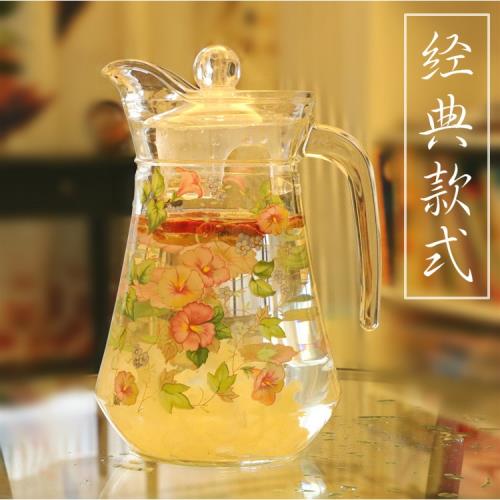 韓國高檔玻璃印花水壺冷熱兩用防炸裂加厚玻璃耐高溫茶水壺1.4L