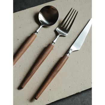 堂上燕柚木手工木質勺子家用喝湯筷子叉子勺子套裝不銹鋼長柄日式