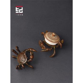 一紀日式手工黃銅螃蟹蓋置茶寵鐵壺蓋托茶桌擺件創意可養禪意茶玩