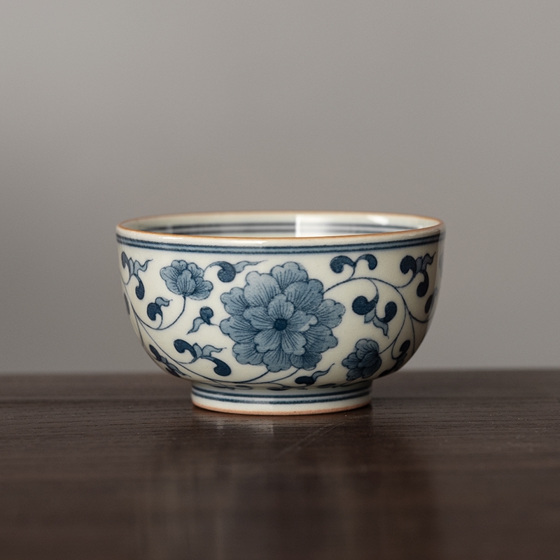 純手工・純手描き 青花染付 主人杯 茶杯 茶器 圣山仿古青花陶瓷茶杯主人杯手繪纏枝蓮功夫茶具品茗杯普洱茶杯|茶杯