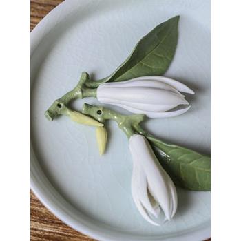 白玉蘭花香插手工陶瓷茶寵茶席擺件精品非遺陶瓷花筆擱線香香座