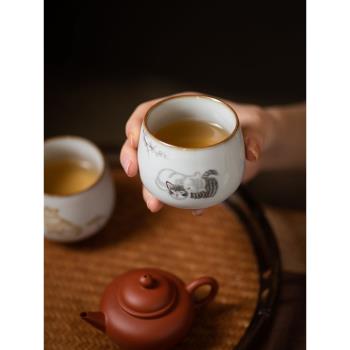 汝窯開片貓主人杯茶杯汝瓷冰裂紋茶碗功夫茶具單杯貓咪陶瓷品茗杯