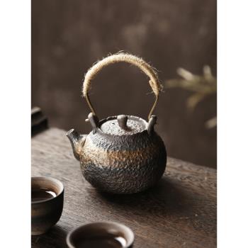粗陶茶具功夫茶壺陶瓷柴燒壺手抓壺煮茶單壺提樑壺日式泡茶家用小