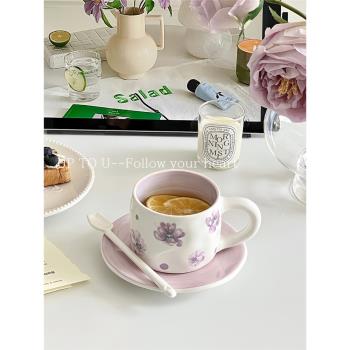 SHˇ手繪陶瓷紫羅蘭咖啡杯ins風杯碟法式紫色少女心早餐下午茶杯