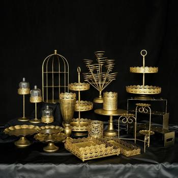 婚慶甜品臺展示架 鐵藝蛋糕架 復古金色甜品架歐式蛋糕盤甜點託盤