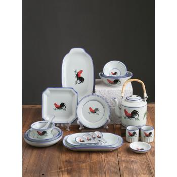 36頭家用中式陶瓷復古老式懷舊青花瓷公雞碗吃飯碗菜盤勺碟子套裝