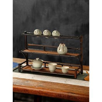 高檔茶杯架中式復古 茶具收納架家用晾杯架 竹製茶壺展示架博古架