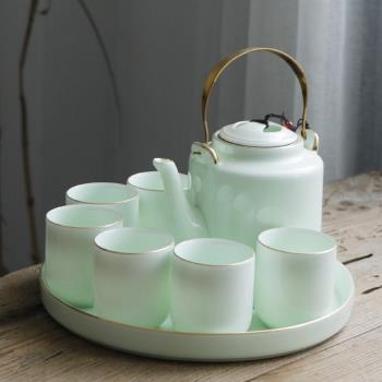 現代簡約青瓷茶具套裝家用茶壺茶杯帶茶盤景德鎮泡茶器大容量水具