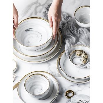 北歐風大理石紋金邊陶瓷餐具系列 牛排菜盤湯盤 飯碗麵碗湯碗味碟