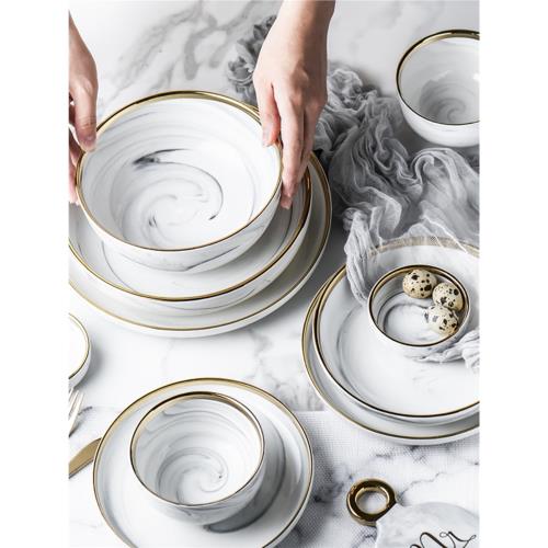 北歐風大理石紋金邊陶瓷餐具陶瓷碗菜盤湯盤牛排西餐具沙拉碗面碗