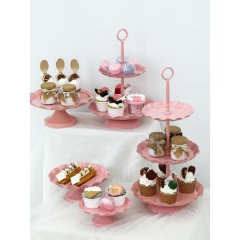 浪漫粉色蛋糕盤子婚慶道具 鐵藝蛋糕架甜品臺擺件 粉紅點心架托盤