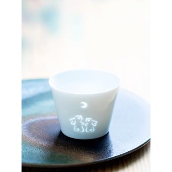 創意禮物玉兔望月玲瓏杯拉花咖啡杯陶瓷茶杯水杯家用高顏值禮品杯