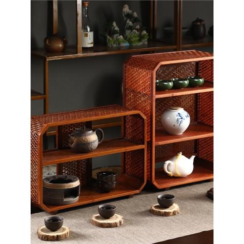 純手工竹編大漆博古架多寶閣茶道配件茶棚茶壺展示桌面擺件置物架