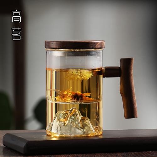 個人專用泡茶杯茶水分離男士帶把喝茶水杯玻璃日式觀山茶道杯子