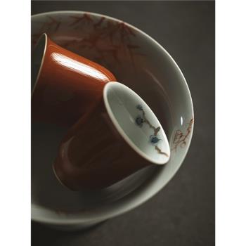 礬紅仿古釉下手繪品茗杯 陶瓷高款修長品茶杯 喝茶單杯聞香聚香杯
