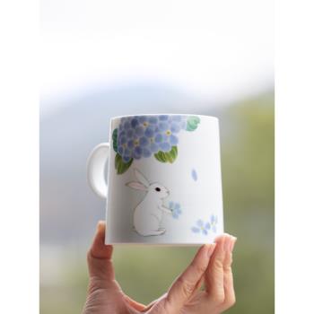 山水間繡球兔手繪杯陶瓷馬克杯可愛動物生肖高顏值水杯早餐杯子女