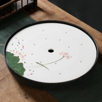 圓形手繪托盤干泡臺收納中式陶瓷