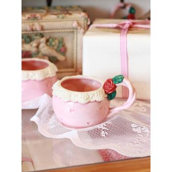 鐺哩鐺Vintage|可愛粉色復古陶瓷玫瑰蕾絲水杯咖啡杯馬克杯禮物