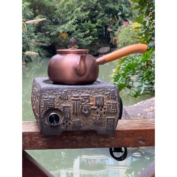 側把銅壺日式純銅小茶壺0.6L復古紫銅燒水壺純手工帶手柄養生銅壺
