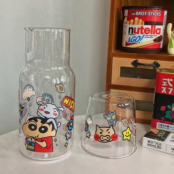 ins卡通小新水杯可愛透明杯子帶把手日式一人飲玻璃杯牛奶杯女生