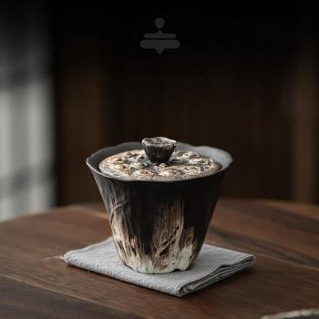 設計款不規則蓋碗粗陶手工浮雕大號茶碗泡茶杯功夫茶具仿古泡茶器