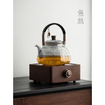 胡桃木電陶爐煮茶器玻璃燒水壺黑白茶圍爐煮茶壺復古電熱茶爐套裝