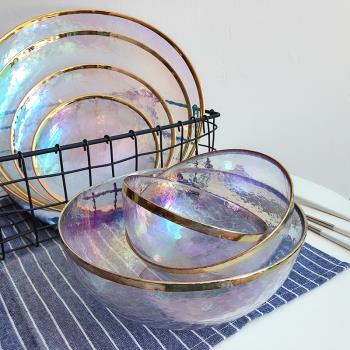 ins網紅北歐創意炫彩玻璃碗錘紋家用盤子沙拉碗飯碗湯碗西餐盤