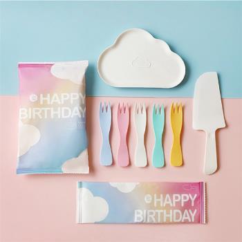 云朵盤蛋糕刀叉套裝生日蛋糕餐盤刀叉餐具網紅派對硬質一次性塑料