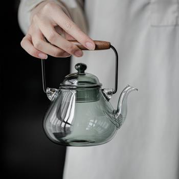 中式高硼硅耐熱玻璃沸水壺大容量胡桃木提梁玻璃燒水壺煮茶壺套裝