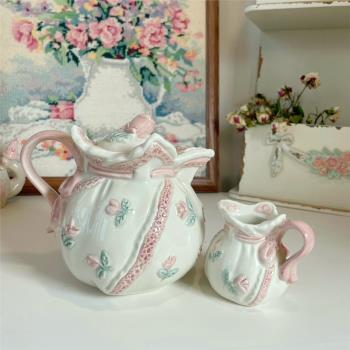 鐺哩鐺vintage｜可愛復古耐高溫粉色浮雕玫瑰小布兜絲帶水杯壺